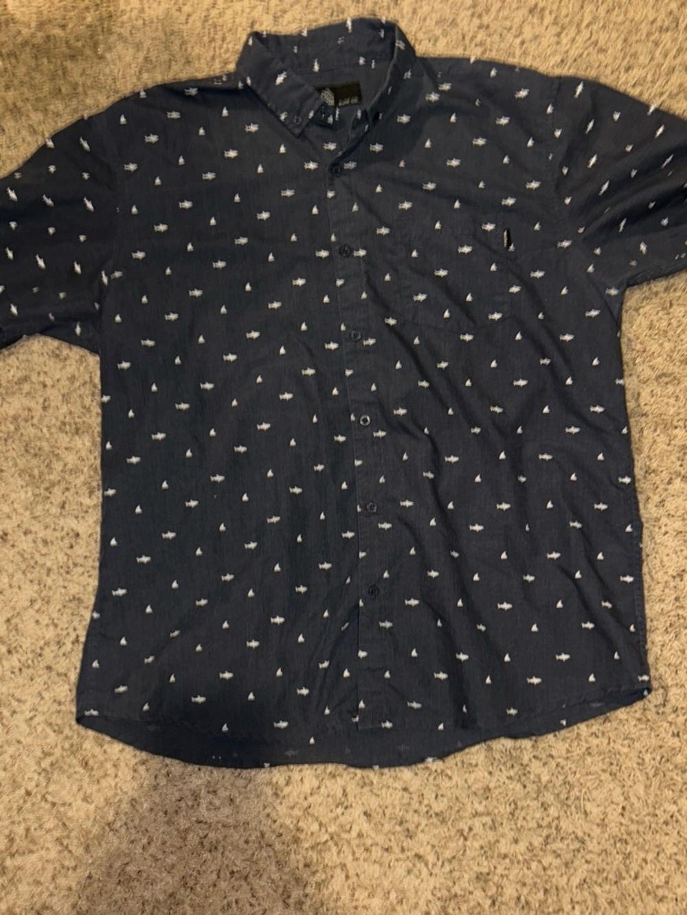 Men's Navy Short-Sleeve Button-Down Shirt with White Micro Print